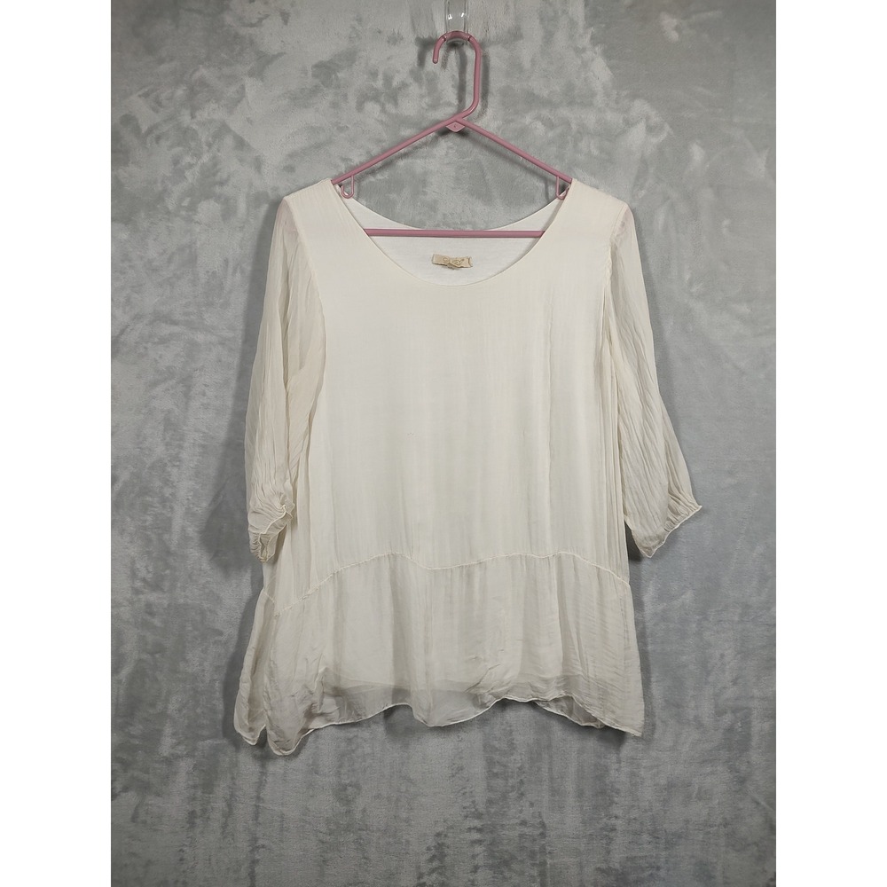 Giusy Made in‎ Italy White Peplum Blouse 3/4 Sleeve Scoop Neck Boho Top Small